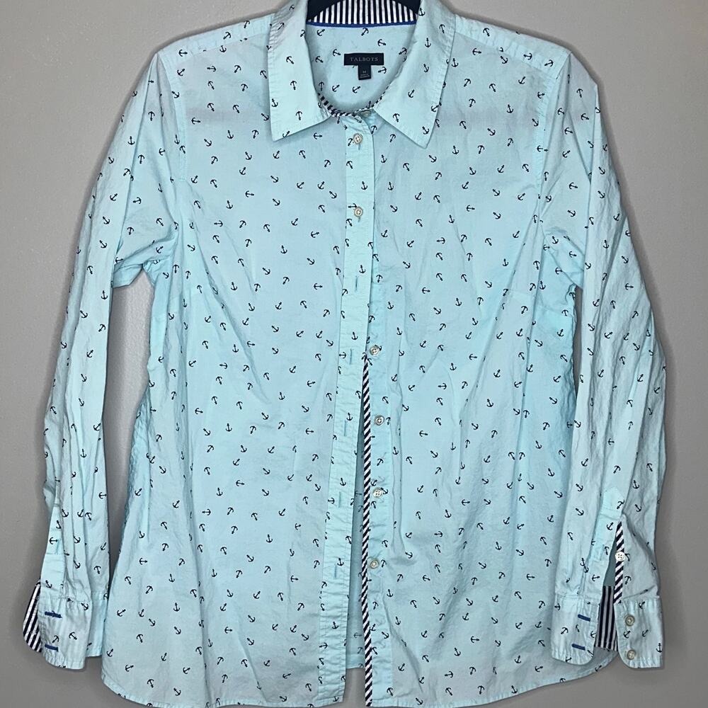Talbots Women Size Medium Light Blue Anchor Pattern Long Sleeve Cotton Button Up